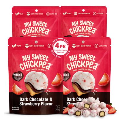 My Sweet Chickpea Dark Chocolate & Strawberry Flavor Covered Chickpeas Crunchy & Light Sweet Snack, Plant-Based Protein & Fiber, Vegan, Gluten Free, Resealable Bags, Wholesome Chocolate Chickpea Snacks (4x5oz).