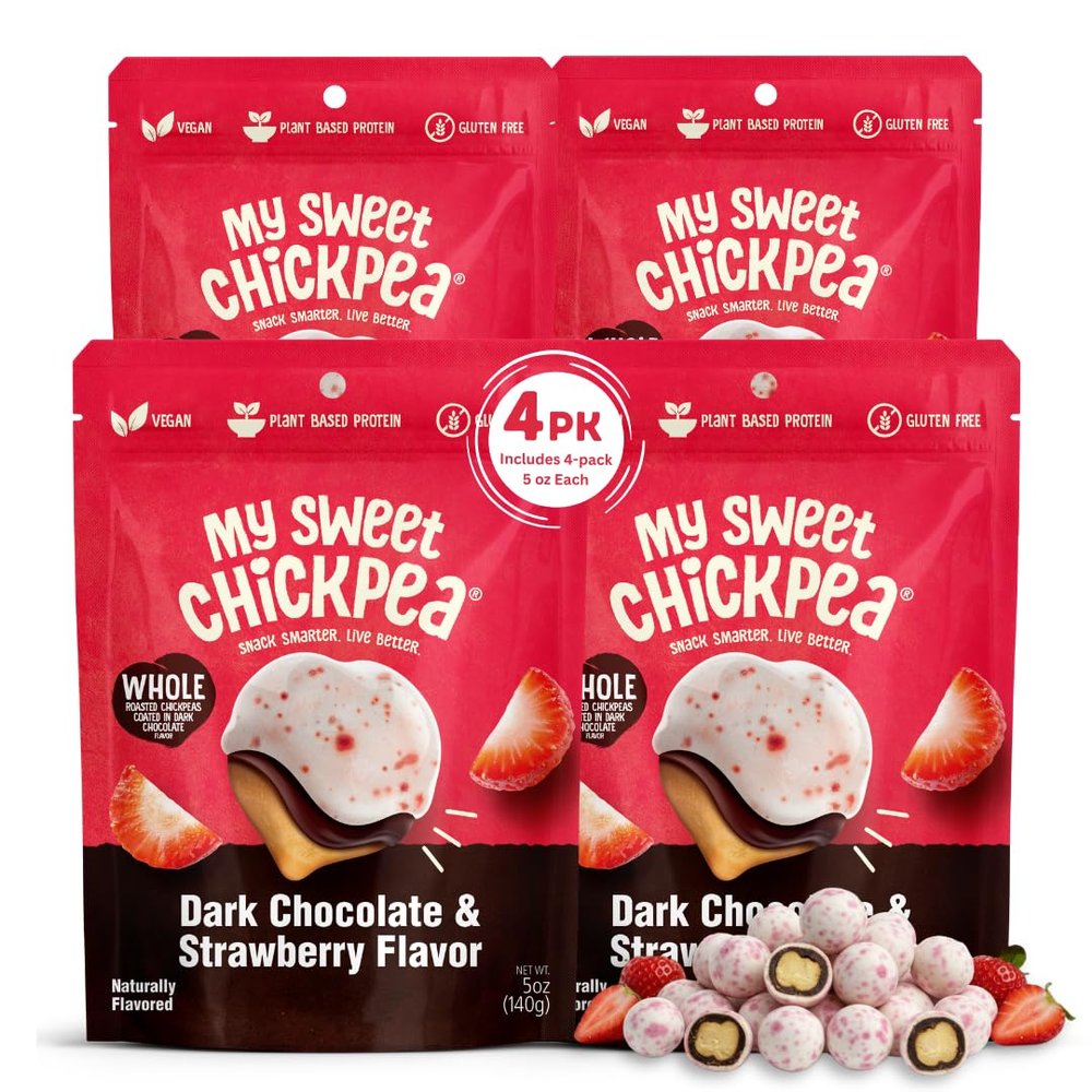 My Sweet Chickpea Dark Chocolate & Strawberry Flavor Covered Chickpeas Crunchy & Light Sweet Snack, Plant-Based Protein & Fiber, Vegan, Gluten Free, Resealable Bags, Wholesome Chocolate Chickpea Snacks (4x5oz).