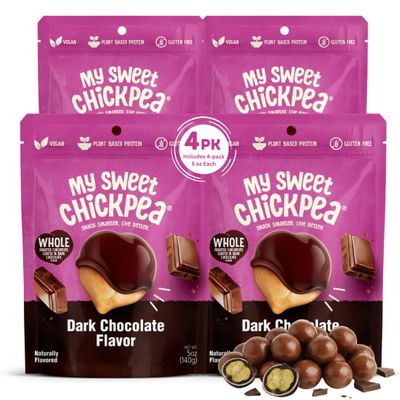 My Sweet Chickpea Dark Chocolate Flavor Covered Chickpeas Crunchy & Light Sweet Snack, Plant-Based Protein & Fiber, Vegan, Gluten Free, Resealable Bags, Wholesome Chocolate Chickpea Snacks (4x5oz).