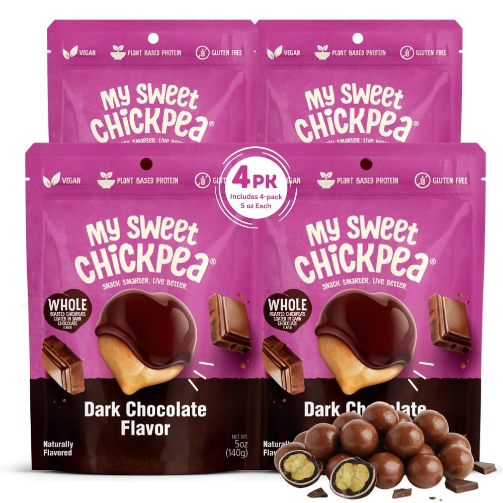 My Sweet Chickpea Dark Chocolate Flavor Covered Chickpeas Crunchy & Light Sweet Snack, Plant-Based Protein & Fiber, Vegan, Gluten Free, Resealable Bags, Wholesome Chocolate Chickpea Snacks (4x5oz).