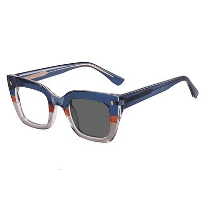 ICARA Classic Thick Square Frame Photochromic Reading Glasses, Womens Mens Full Reading Sun Glasses Variable Tinted Readers (BLUE/GREY, 1.25, x)