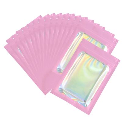 Holographic Foil Clear Window & Pink Resealable Zip Baggies for Small Business, Home Use, Food Storage, Beauty Sample, Bulk, DIY Hangover Kit Bags (100, 6.30 inch x 9.45 inch)
