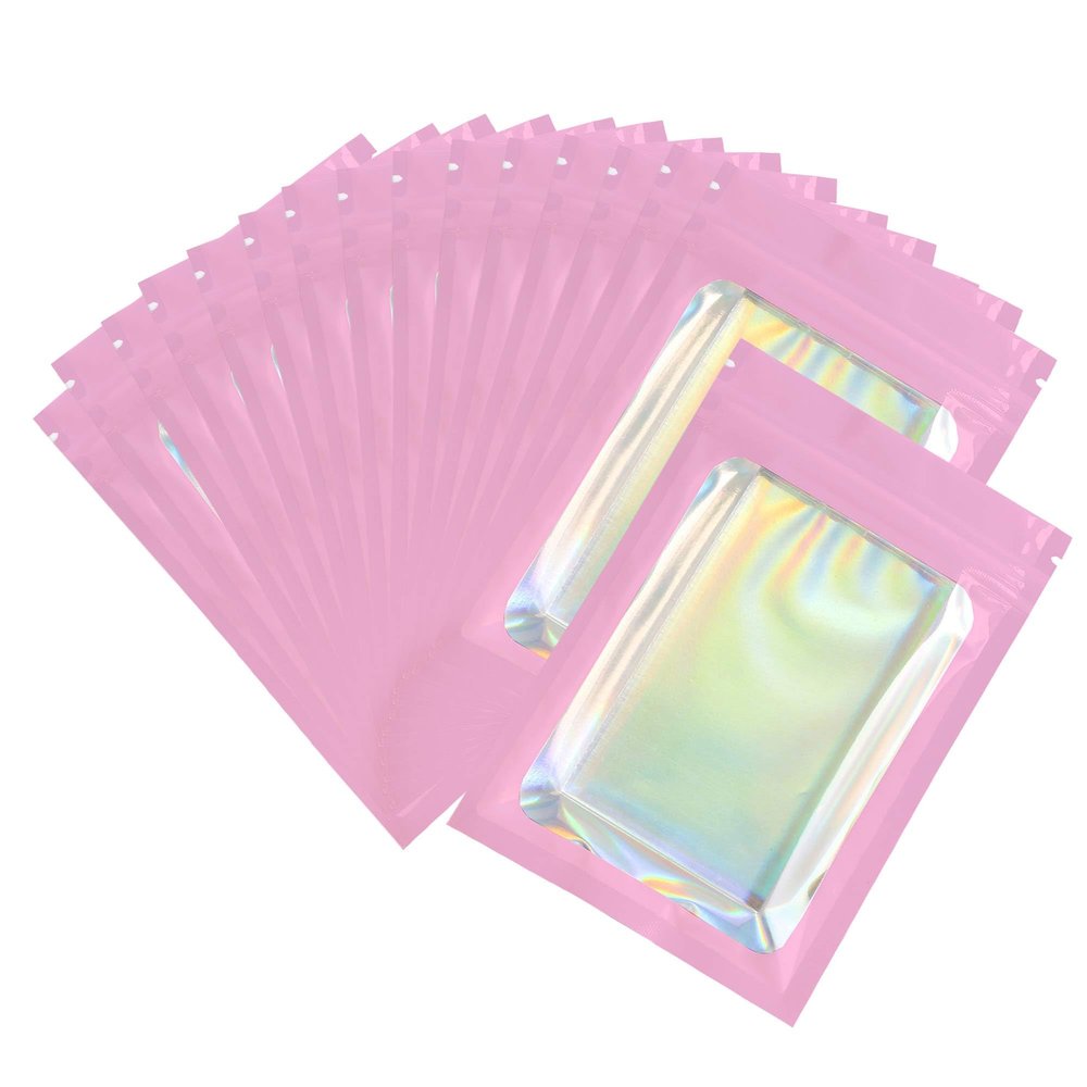 Holographic Foil Clear Window & Pink Resealable Zip Baggies for Small Business, Home Use, Food Storage, Beauty Sample, Bulk, DIY Hangover Kit Bags (100, 6.30 inch x 9.45 inch)
