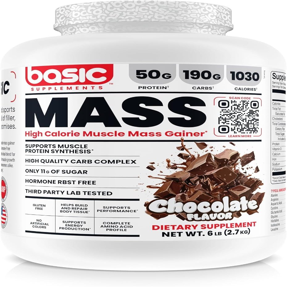 BASIC SUPPLEMENTS Mass Gainer Protein Powder, Supports Muscle Growth & Recovery, 50g Protein, 190g Carbs, 1030 Calories, Gluten-Free, RBST-Free, No Artificial Colors