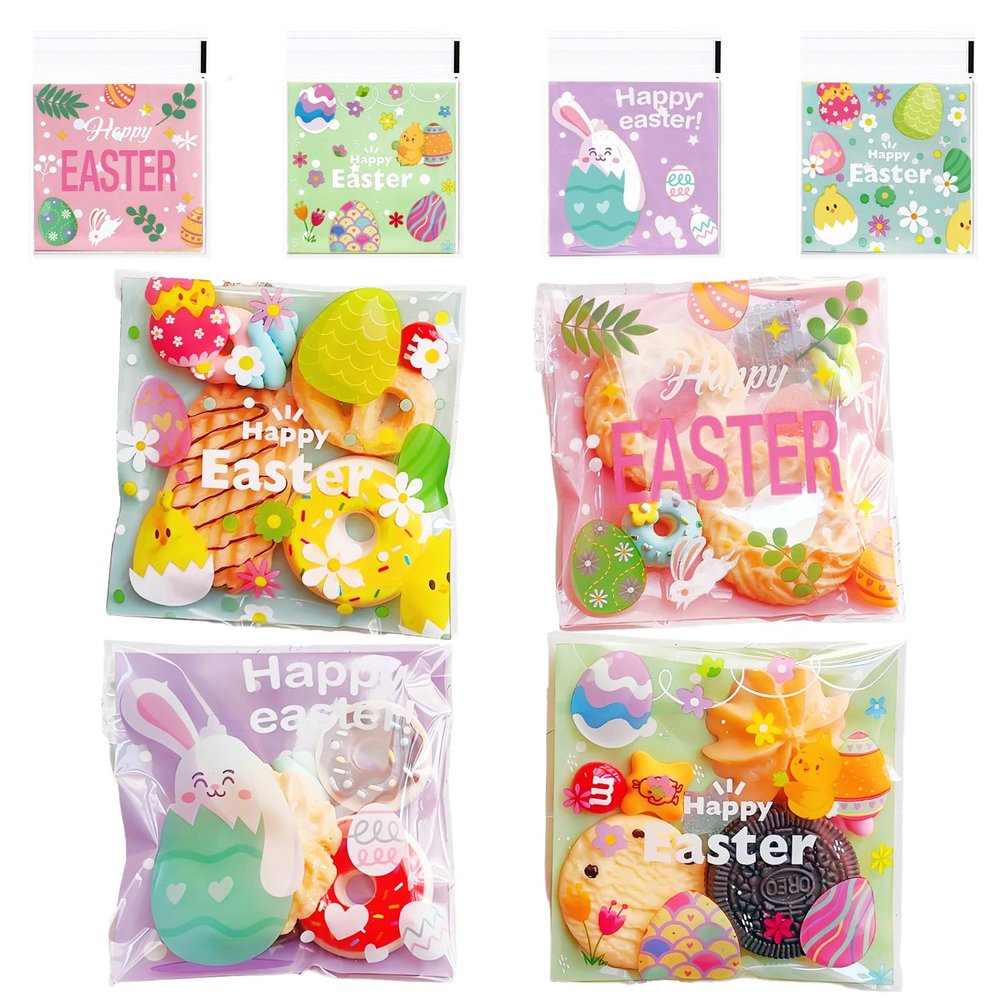 AXYEEUR 100 PCS Easter Candy Bags,Easter Bunny Self Adhesive Cookie Bags,4 Styles Clear Cellophane Treat Bag for Party Favors Supplies