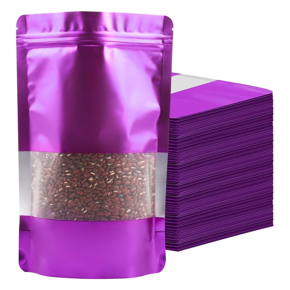 100 Pack Smell Proof Bags, Resealable Purple Mylar Bags with Matte Window, Foil Pouch Stand Up Sealable Bags for Packaging, 7.0810.23 Inch