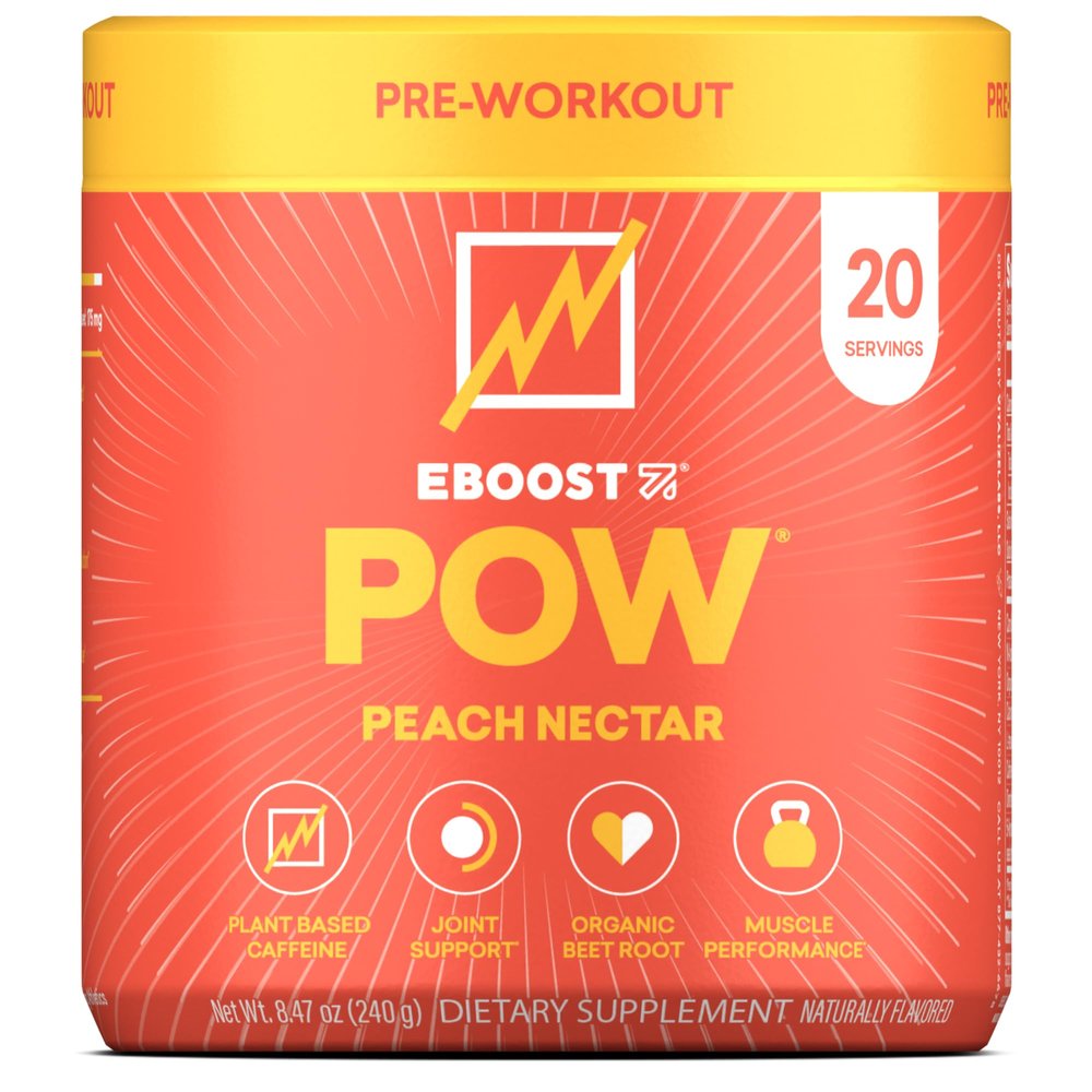 EBOOST POW Natural Pre Workout Powder - 20 Servings, Peach Nectar - Preworkout Energy Booster Gym Supplement Drink Mix for Men and Women - Performance, Joint Mobility Support - Gluten-Free