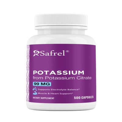 Safrel | Potassium Citrate Capsules | 500 mg Potassium Citrate + 99 mg Potassium | 500 Servings | Electrolyte Balance Support | Vegan Non-GMO | Gluten Free Halal