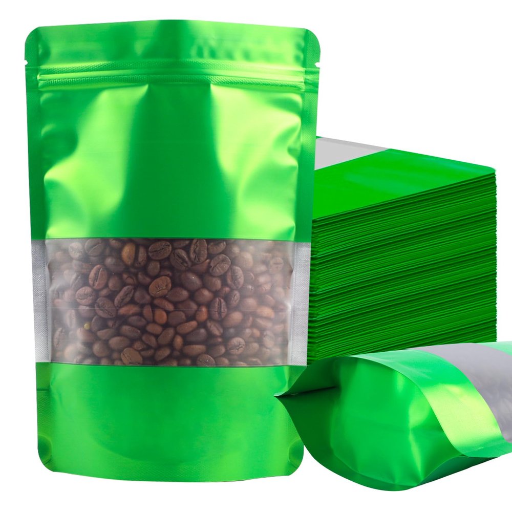 100 Pack Smell Proof Bags, Resealable Green Mylar Bags with Matte Window, Foil Pouch Stand Up Sealable Bags for Packaging, 7.8711.81 Inch