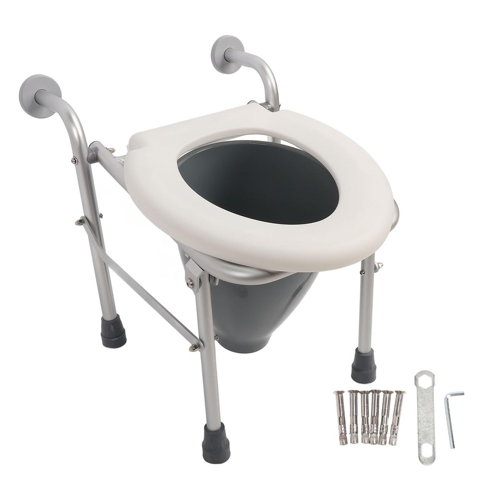 Raised Toilet Seat, Stand Alone Commode Riser, Foldable and Stable Aluminum Stool for Handicapped and Pregnant Women, Space Saving Design
