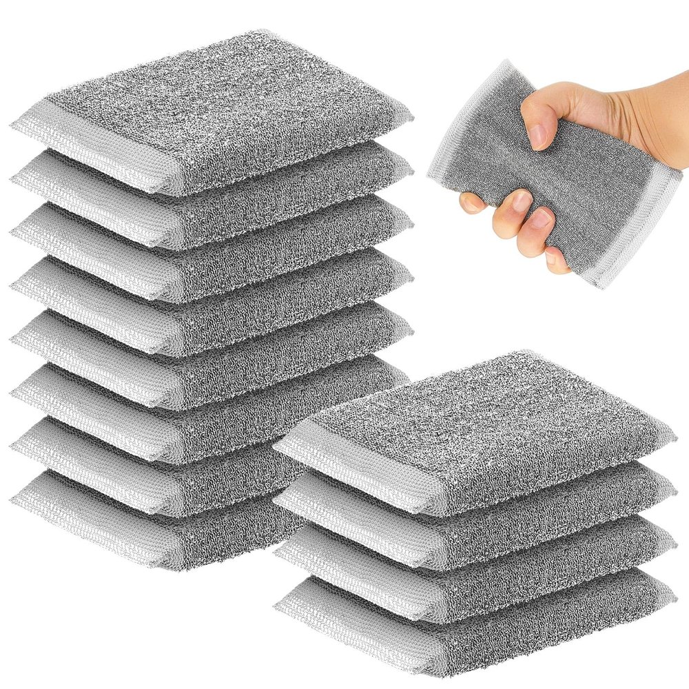 Thyle 12 Pack Steel Wool Scrubber Kitchen Sponges, Heavy Duty Non Scratch Metal Sponges, Reusable Cleaning Scrub Pads for Dishes, Pots, Pans, Sink and Tough Hard Stains (Gray)