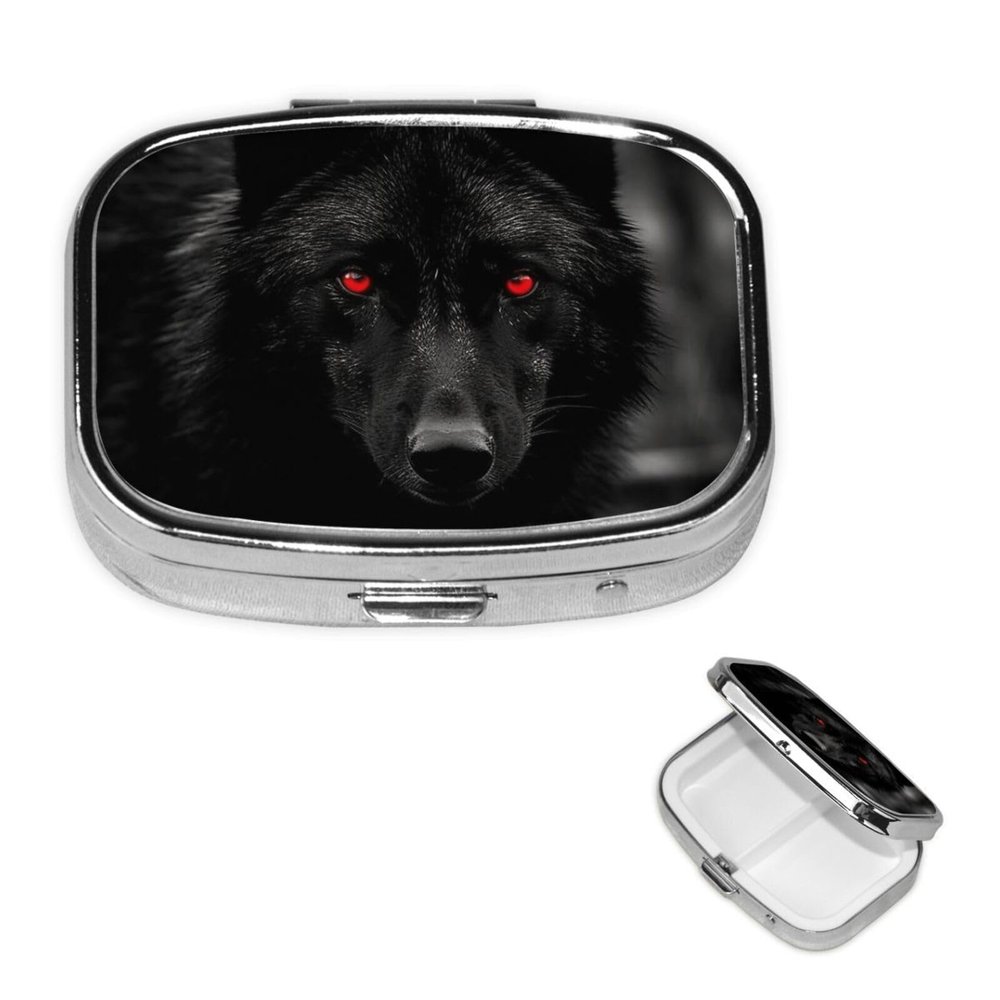 Square Pill Case for Purse or Pocket 2 Compartment Medicine Pill Box Portable Small Pill Organizer Black Red Eyed Wolf Travel Pillbox Medicine Vitamin Cod Liver Oil Storage Box