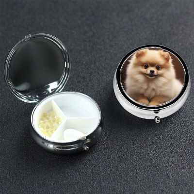 Cute Pomeranian Dog Pill Box 3 Compartment, Small Pill Box for Purse & Pocket, Metal Pill Case with Mirror, Travel Daily Pill Organizer, Portable Medicine Vitamin Holder Unique Gift