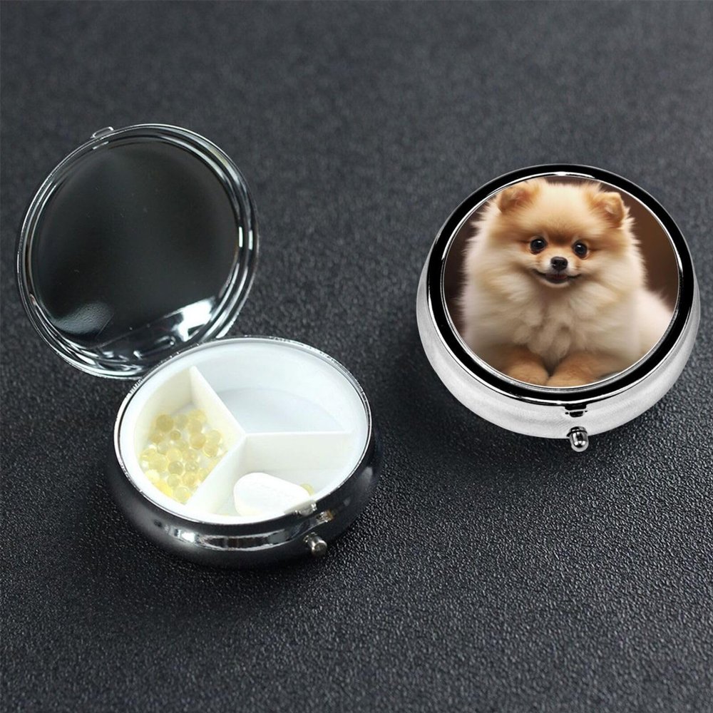 Cute Pomeranian Dog Pill Box 3 Compartment, Small Pill Box for Purse & Pocket, Metal Pill Case with Mirror, Travel Daily Pill Organizer, Portable Medicine Vitamin Holder Unique Gift