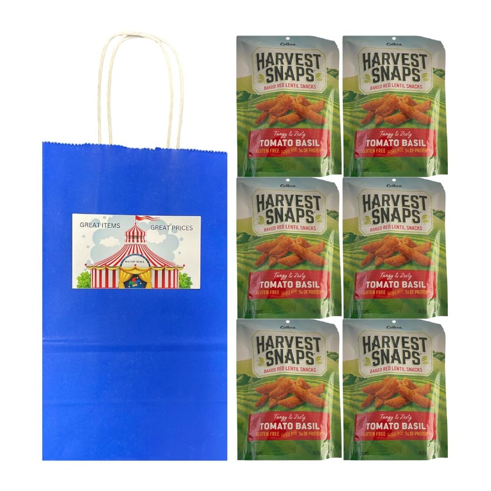 Big Top Deals USA Blue Paper Bag (5.25x3.2x8) with Snaps Veggie Chips Tomato Basil 6-Pack Custom Bundle Pack