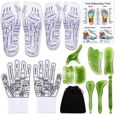 Threlaco 16 Pcs Reflexology Socks and Gloves with Tools Foot Reflexology Socks with Acupressure Gloves & 8 Pcs Massage Point Tools Foot Relief Acupressure Massager Set for Women and Men(Green)
