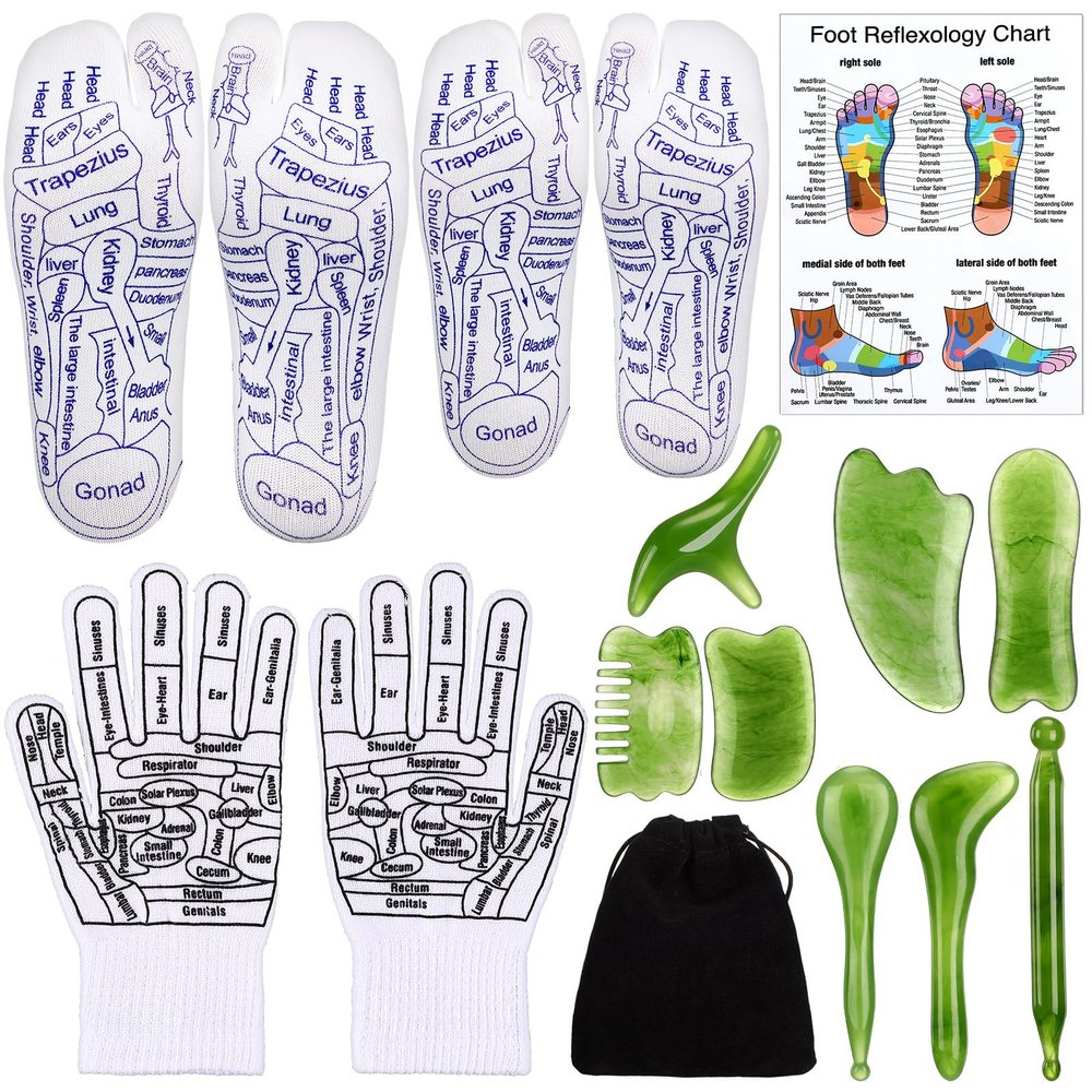 Threlaco 16 Pcs Reflexology Socks and Gloves with Tools Foot Reflexology Socks with Acupressure Gloves & 8 Pcs Massage Point Tools Foot Relief Acupressure Massager Set for Women and Men(Green)