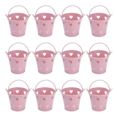 Glomora 12pcs Mini Metal Bucket, Hollow Heart Shaped Bucket with Handle for Candies Outdoor Flower Cosmetics