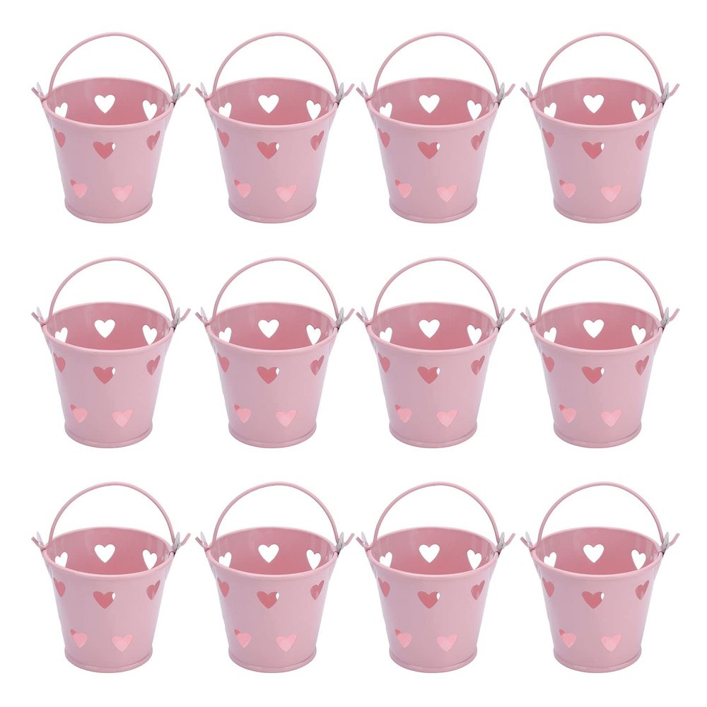 Glomora 12pcs Mini Metal Bucket, Hollow Heart Shaped Bucket with Handle for Candies Outdoor Flower Cosmetics