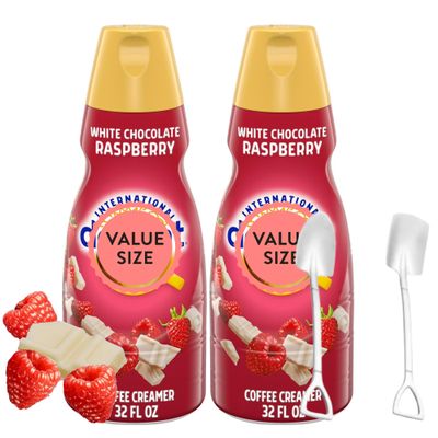 White Chocolate Raspberry Liquid Coffee Creamer.- Two (2) 32 fl oz Bottles of Creamy Smooth Delightful Coffee Creamer with Candy Freezer Mini Metal Spoons (White Chocolate Raspberry) Shovel Spoons