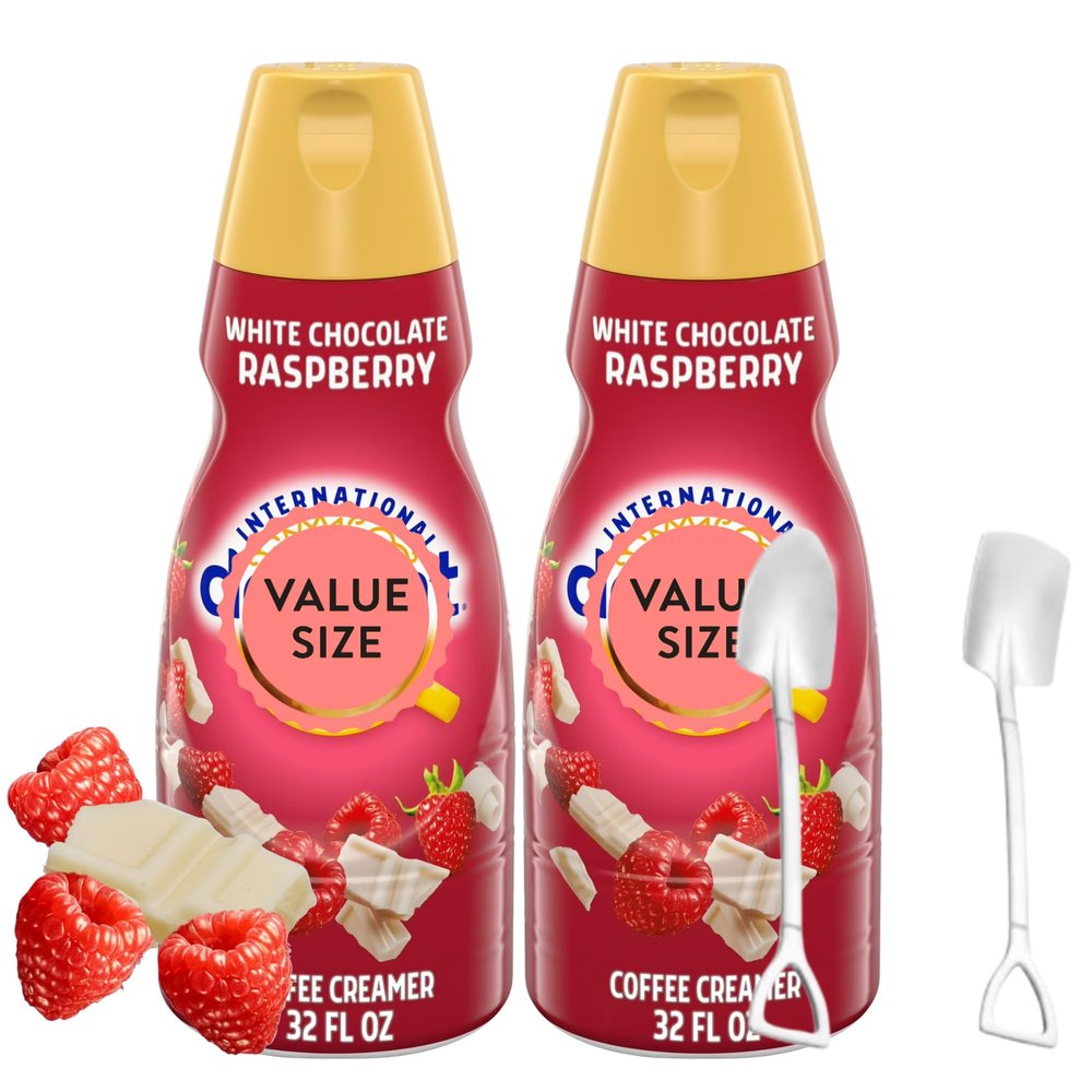White Chocolate Raspberry Liquid Coffee Creamer.- Two (2) 32 fl oz Bottles of Creamy Smooth Delightful Coffee Creamer with Candy Freezer Mini Metal Spoons (White Chocolate Raspberry) Shovel Spoons
