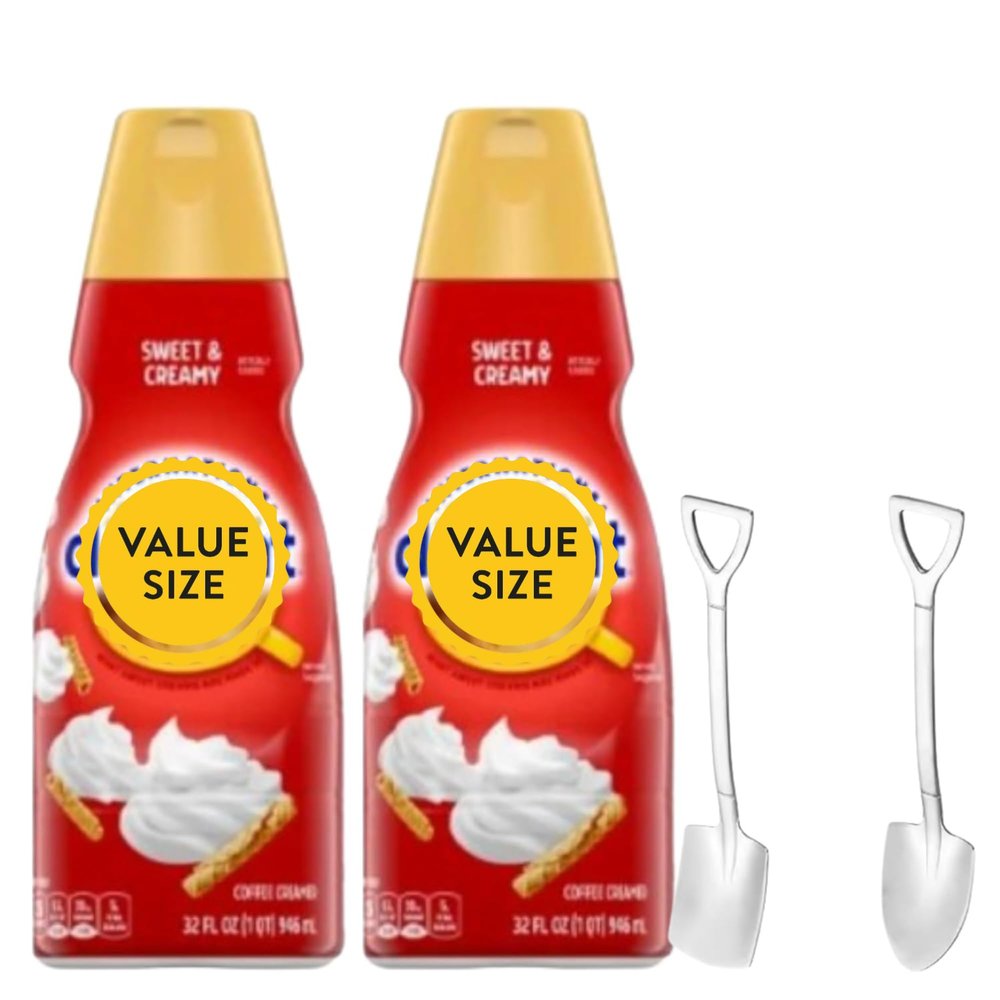 Candy Freezer Liquid Coffee Creamer.- Two (2) 32 fl oz Bottles of Creamy Smooth Delightful Coffee Creamer and Mini Metal Spoon (Sweet & Creamy) Shovel Spoons