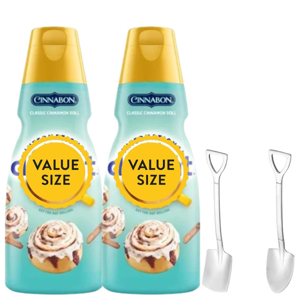 Cinnabon Classic Cinnamon Roll Liquid Coffee Creamer.- Two (2) 32 fl oz Bottles of Creamy Smooth Delightful Coffee Creamer and Mini Metal Spoons (Cinnabon Classic Cinnamon Roll) Shovel Spoons