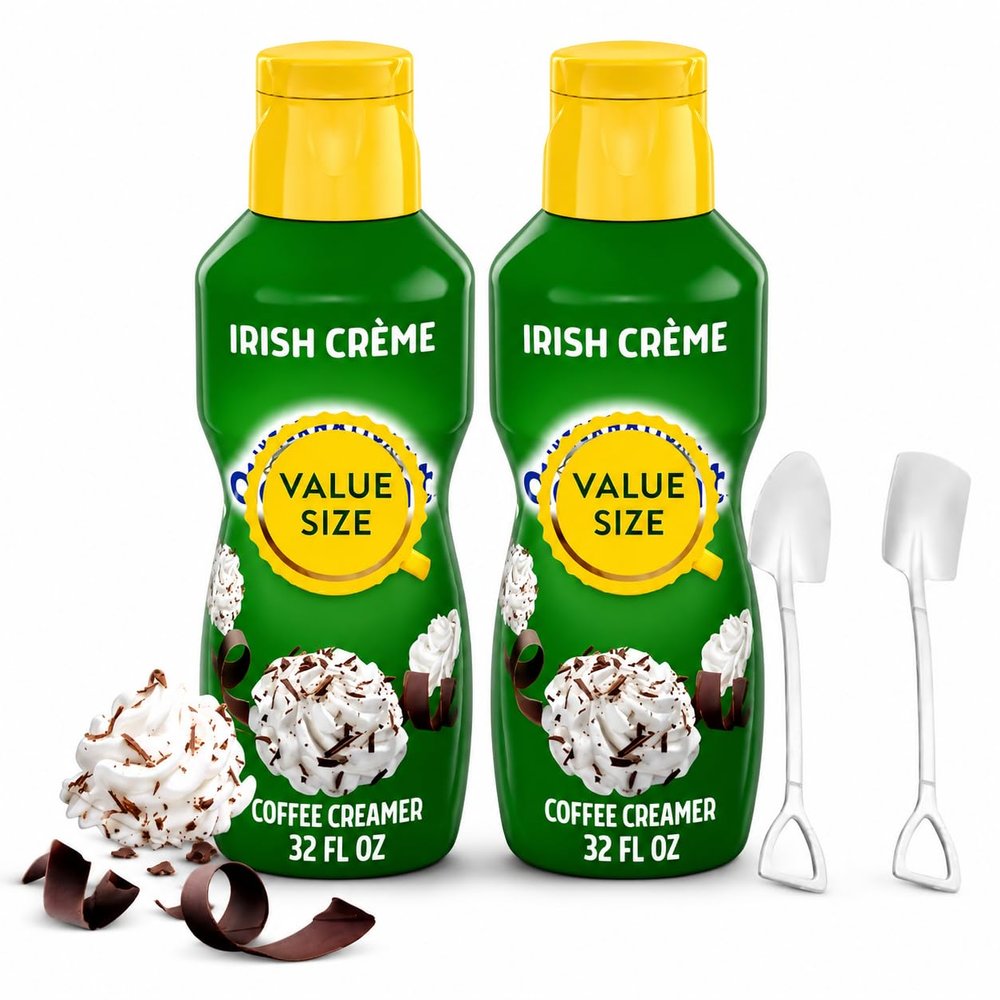 Irish Creme Liquid Coffee Creamer.- Pack of Two (2) 32 fl oz Bottles of Smooth & Creamy Delightful Coffee Creamer with Candy Freezer Mini Metal Shovel Spoons (Irish Creme) Shovel Spoons