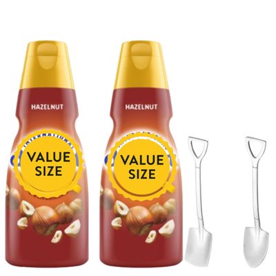 Hazelnut Liquid Coffee Creamer.- Two (2) 32 fl oz Bottles of Creamy Smooth Delightful Coffee Creamer and Mini Metal Spoons (Hazelnut) Shovel Spoons
