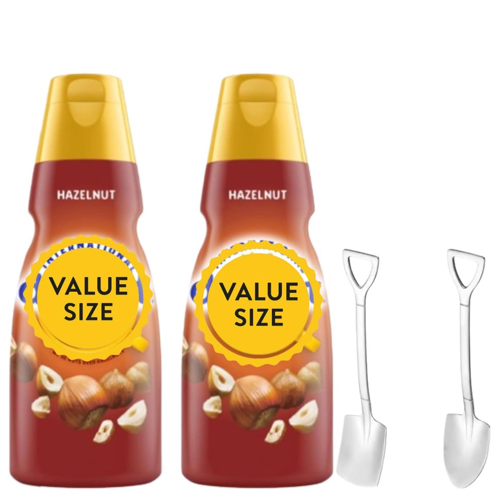 Hazelnut Liquid Coffee Creamer.- Two (2) 32 fl oz Bottles of Creamy Smooth Delightful Coffee Creamer and Mini Metal Spoons (Hazelnut) Shovel Spoons