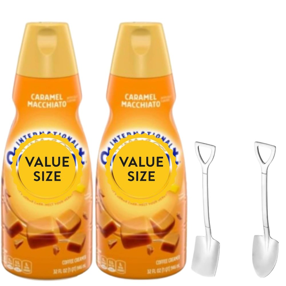 Caramel Macchiato Liquid Coffee Creamer.- Two (2) 32 fl oz Bottles of Creamy Smooth Delightful Coffee Creamer with Candy Freezer Mini Metal Spoons (Caramel Macchiato) Shovel Spoons