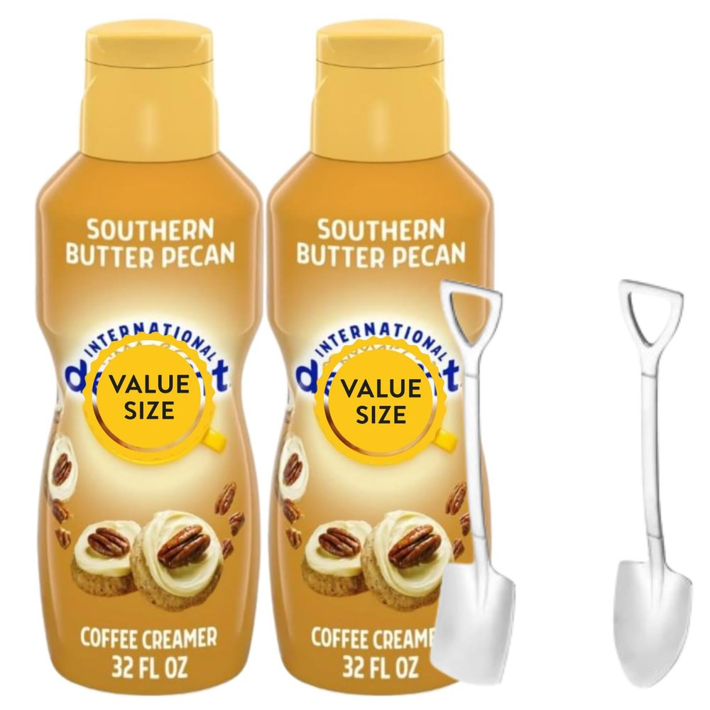 Southern Butter Pecan Liquid Coffee Creamer.- Pack of Two (2) 32 fl oz Bottles of Smooth & Creamy Delightful Coffee Creamer with Candy Freezer Mini Metal Shovel Spoons (Southern Butter Pecan) Shovel Spoons
