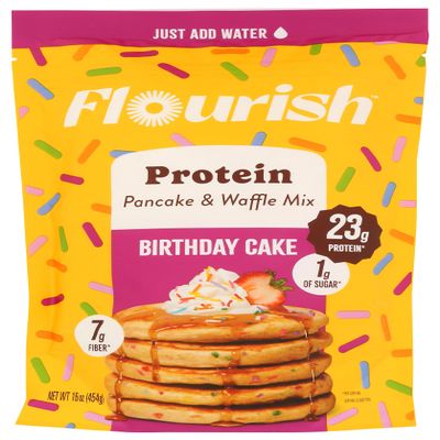 Flourish Birthday Cake Protein Pancake & Waffle Mix, 16 Ounces (Pack Of 8)