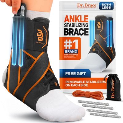 Dr. Brace Breathable Ankle Brace For Sprained Ankle, Slim Fit. Unique Multi-Function Removable Stabilizer- Quick Lace Up Ankle Support for Women Men, Easy to use for Injury, Sprain, Sports (Black - Orange, Medium)
