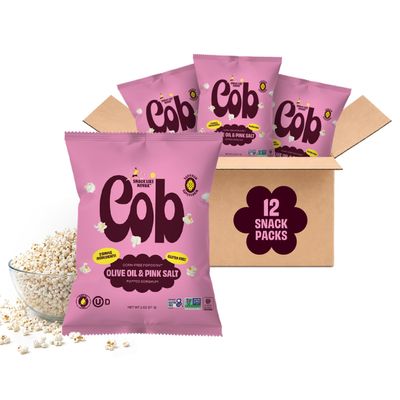 Cob Olive Oil & Pink Salt Popped Sorghum, 12-Pack (1 oz. bags) | Corn-Free Popcorn Alternative | Seed Oil Free | Non-GMO, Gluten-Free, Vegan & Kosher | Toddler-Friendly | Allergy-Friendly