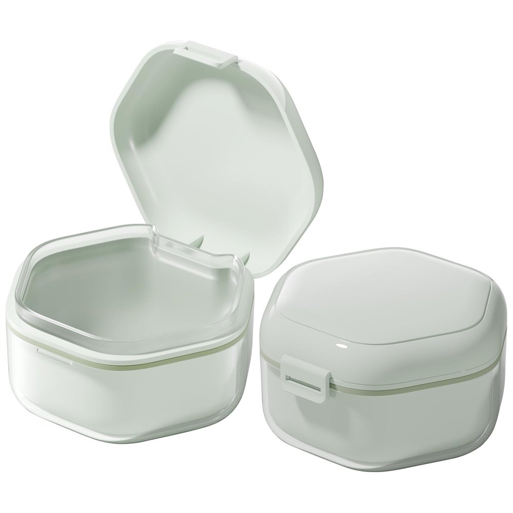 Denture Bath Case Retainer Cleaner Case, Food-Grade Denture Cup with Removable Layers for Soaking Dentures Mouth Guard Case Retainer Holder Night Guard Storage Case False Teeth Container Light Green