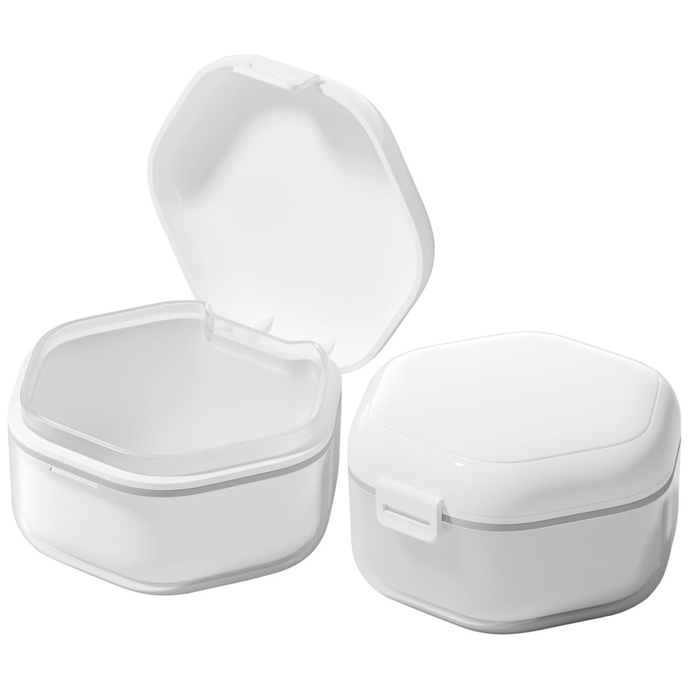 Cucufor Denture Bath Case Retainer Case, Food-Grade Durable Denture Box 3 Layers False Teeth Holder with Removable Strainer Basket Retainer Cleaning Case Denture Bath Cup Travel Case White