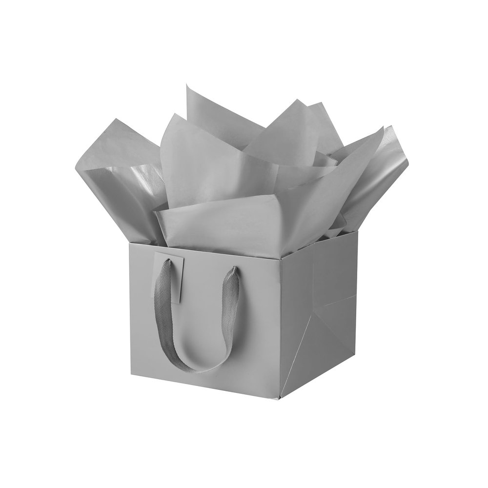 LFCXHTY 10 Pack Square Gift Bags with Tissue Paper Solid Small Silver Gift Bags with Handles for Party Favor Bag (8x8x8 In, Silver)