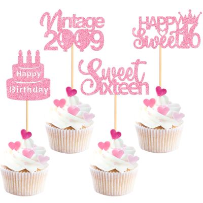 Ercadio 24 Pcs Happy Sweet 16th Birthday Cupcake Toppers Hello Sixteen Happy 16th Cupcake Picks Sweet 16 Cake Decorations for Pink 16th Birthday Anniversary Party Supplies
