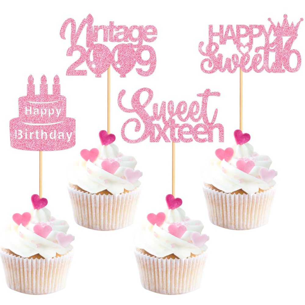 Ercadio 24 Pcs Happy Sweet 16th Birthday Cupcake Toppers Hello Sixteen Happy 16th Cupcake Picks Sweet 16 Cake Decorations for Pink 16th Birthday Anniversary Party Supplies