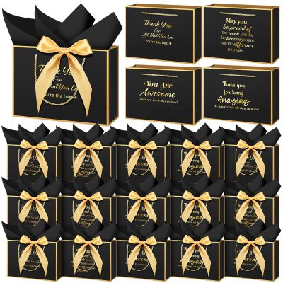 Kolldenn 20 Pack Thank You Gift Bags with Handles Employee Appreciation Gifts Bag for Coworkers, 11x7x3.1 in Large Bags with Bow Ribbon Tissue Paper Appreciation Bag for Medical Assistant(Black)