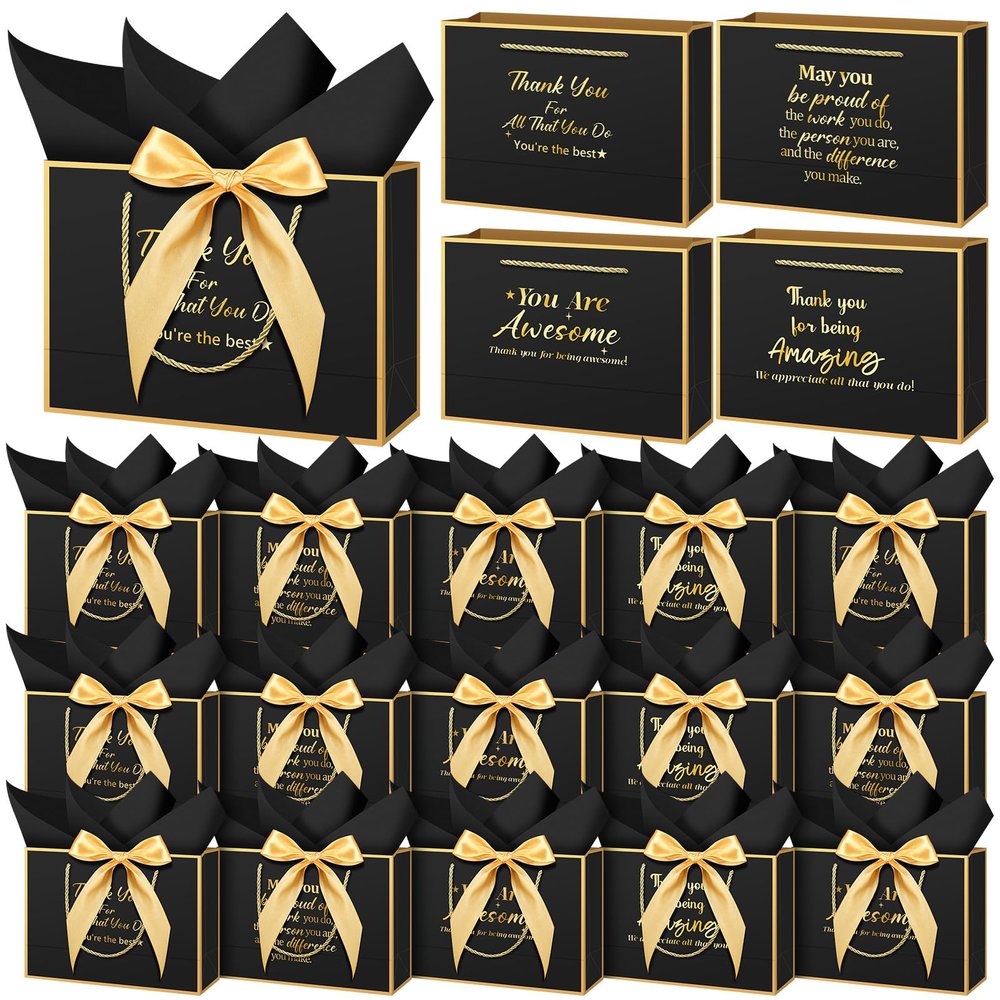 Kolldenn 20 Pack Thank You Gift Bags with Handles Employee Appreciation Gifts Bag for Coworkers, 11x7x3.1 in Large Bags with Bow Ribbon Tissue Paper Appreciation Bag for Medical Assistant(Black)