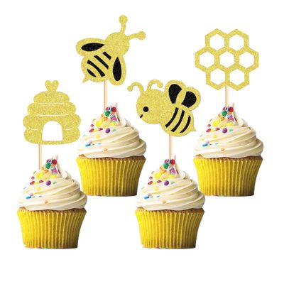 Cyodoos 24 PCS Bumble Bee Cupcake Toppers Bumble Bee Party Decorations for Kids Girls Birthday Baby Shower Honey Bee Themed Party Supplies