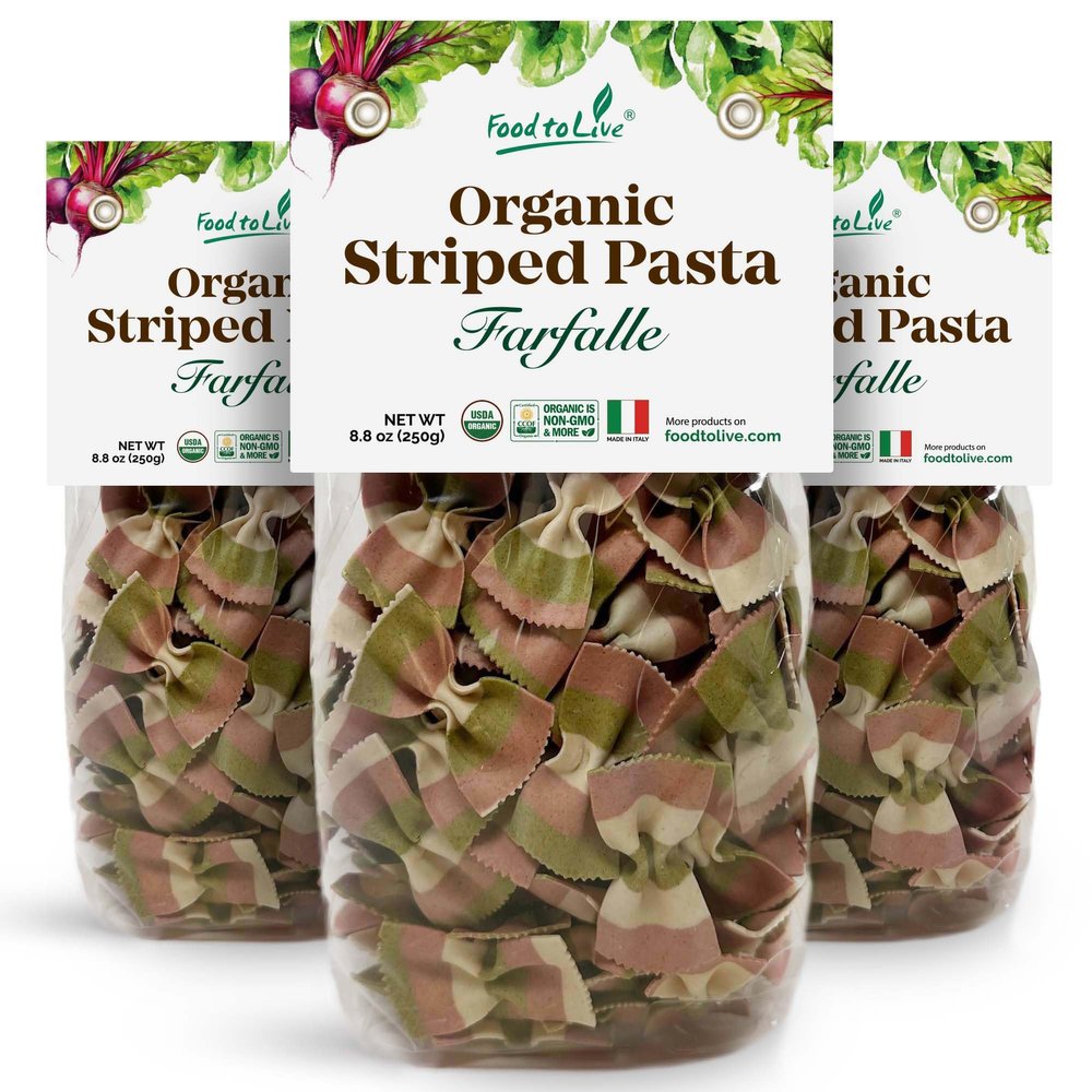 Food to Live Organic Striped Farfalle Pasta, 8.8 oz (Pack of 3) - Italian Artisan Tri-Color Bow-Tie Pasta. Made with Semolina, Beet and Spinach.