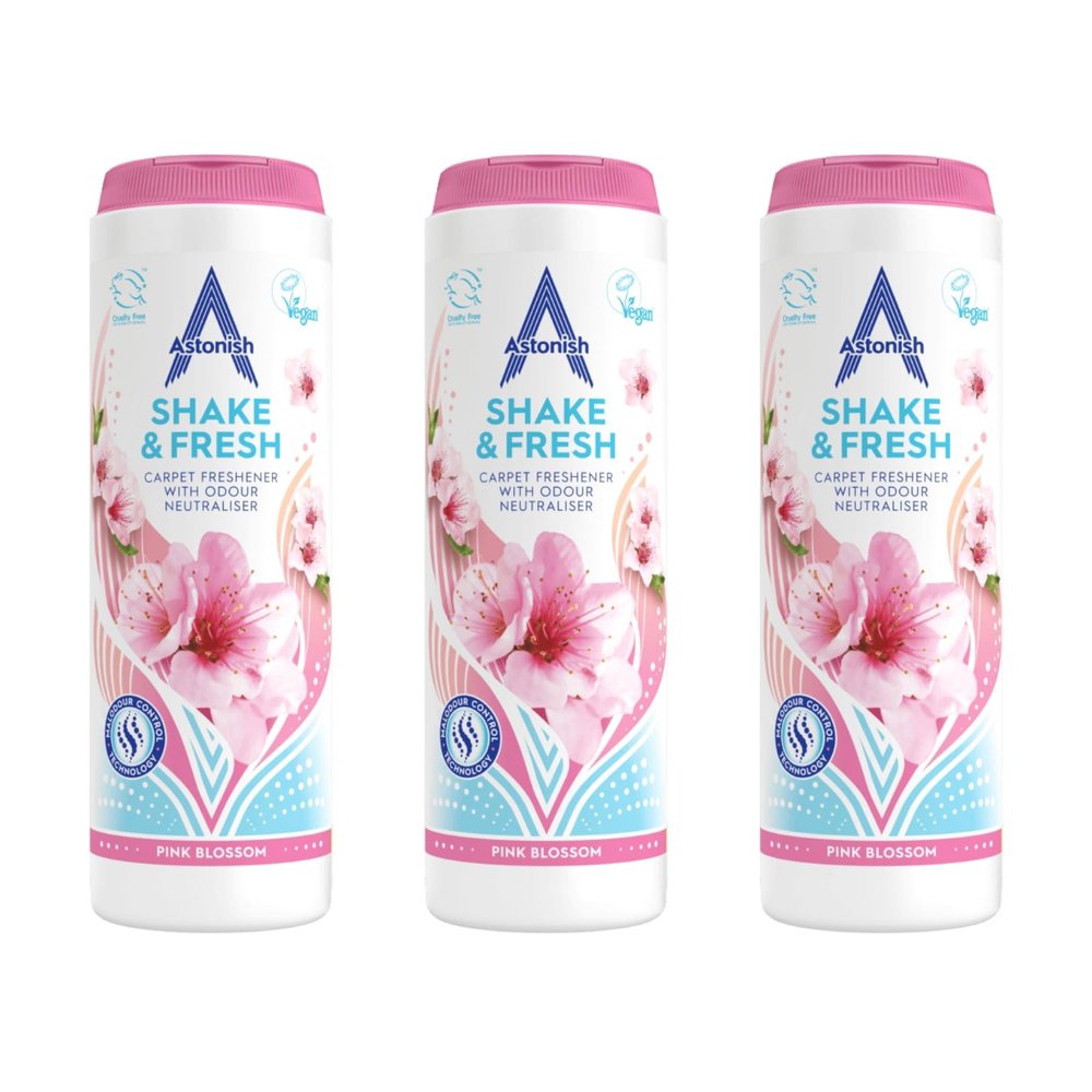 Astonish Shake & Fresh Carpet Freshener, Eliminates Odours, Pink Blossom, 3 x 350g