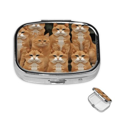 Square Pill Box 2 Compartment Medicine Pill Case Orange Cats Pill Box for Purse Pocket Waterproof Metal Pill Container Portable Pill Holder Mini Pill Organizer for Travel or Daily