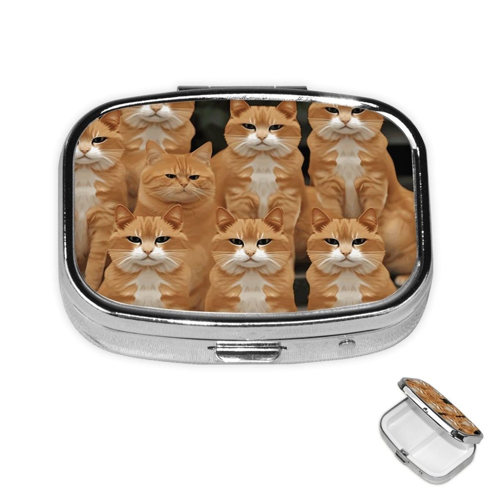 Square Pill Box 2 Compartment Medicine Pill Case Orange Cats Pill Box for Purse Pocket Waterproof Metal Pill Container Portable Pill Holder Mini Pill Organizer for Travel or Daily