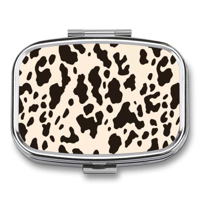 Cow Print Pill Organizer Square Medicine Case with Mirror Daily Pill Boxes for Purse Mini Medicine Storage Container Box Compact Pill Holder for Vitamins