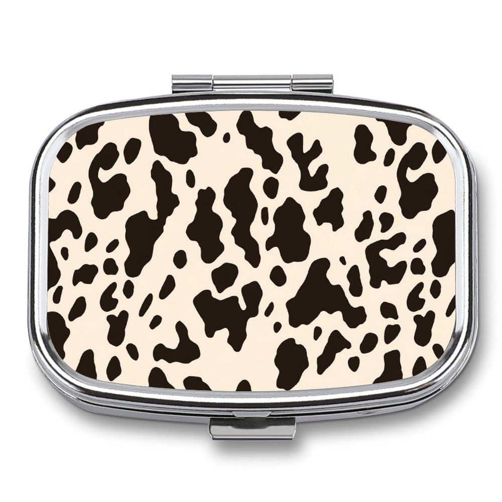 Cow Print Pill Organizer Square Medicine Case with Mirror Daily Pill Boxes for Purse Mini Medicine Storage Container Box Compact Pill Holder for Vitamins