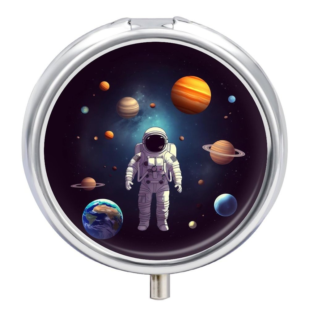 Astronaut Solar System Planets Pill Box Mini Pill Case Pocket Pill Case for Men Travel Pill Box Cute Pill Organizer 3 Compartment Medicine Pill Organizer Pill Container Pill Holder